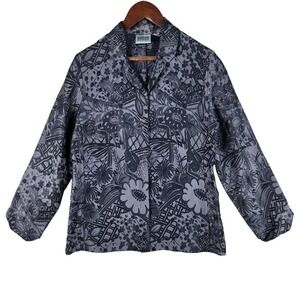 Chico's Design Blazer Womens Sz 1 Grey Black Silk Blend Floral Jacquard Metallic